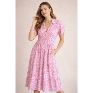 Zara Pink Abstract Print Tiered Midi Dress Boho Size Large